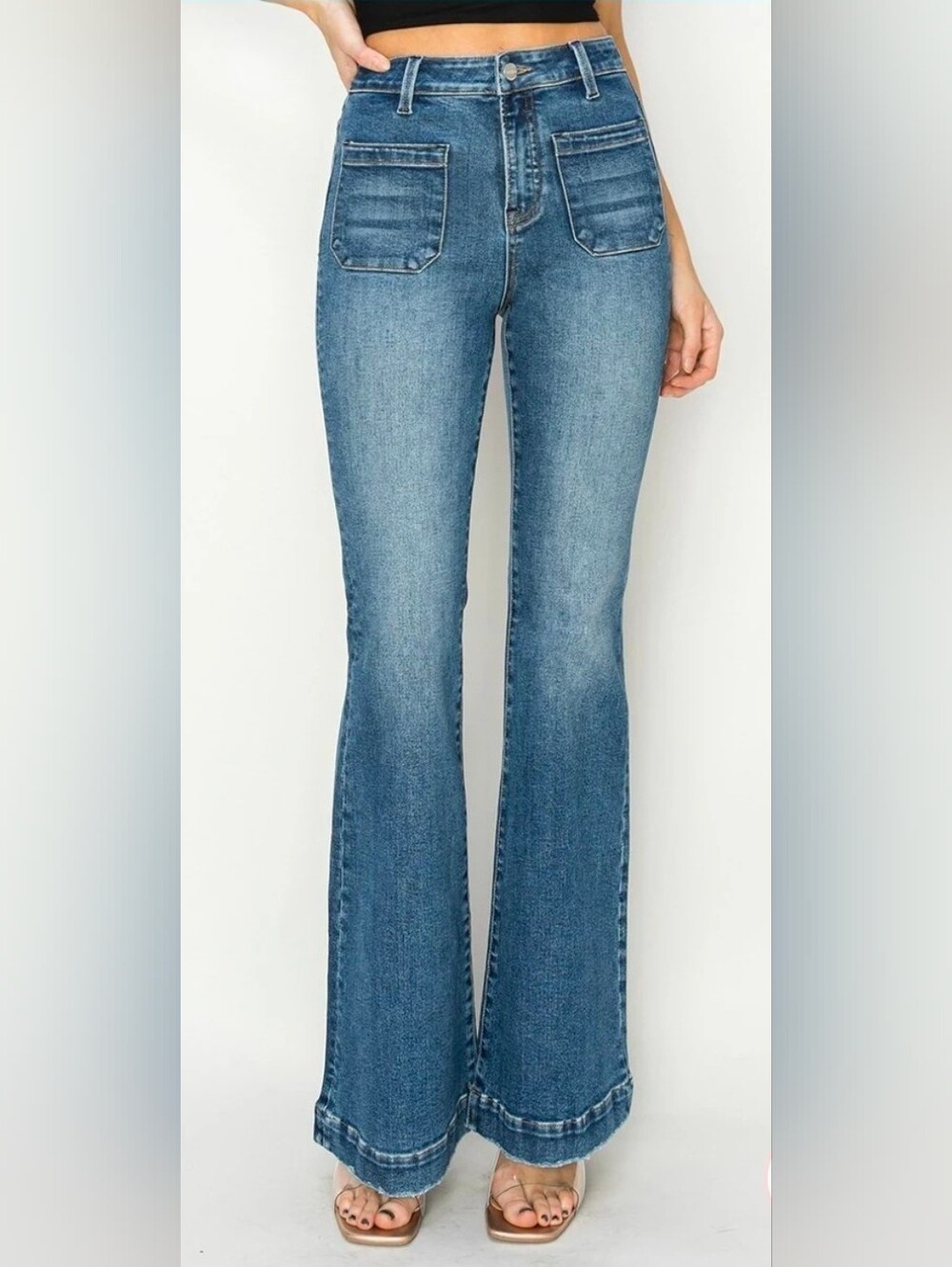 RISEN HIGH-RISE PATCHED POCKET FRONT FLARE JEANS in MEDIUM WASH  SIZE 7/28